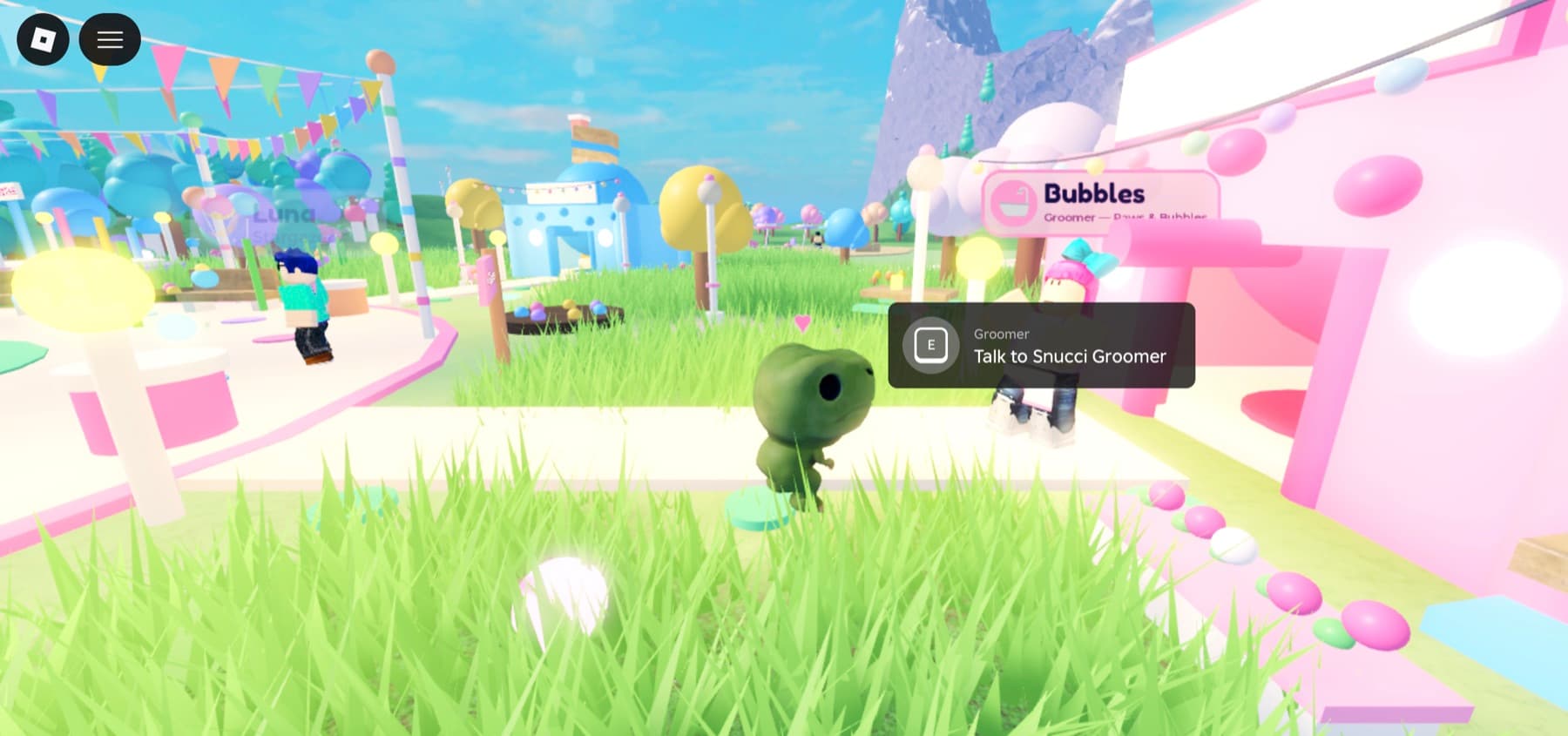 In-game screenshot: a green snucci pet hops up to Bubbles the Groomer's pink spa, with a 'Talk to Snucci Groomer' prompt showing