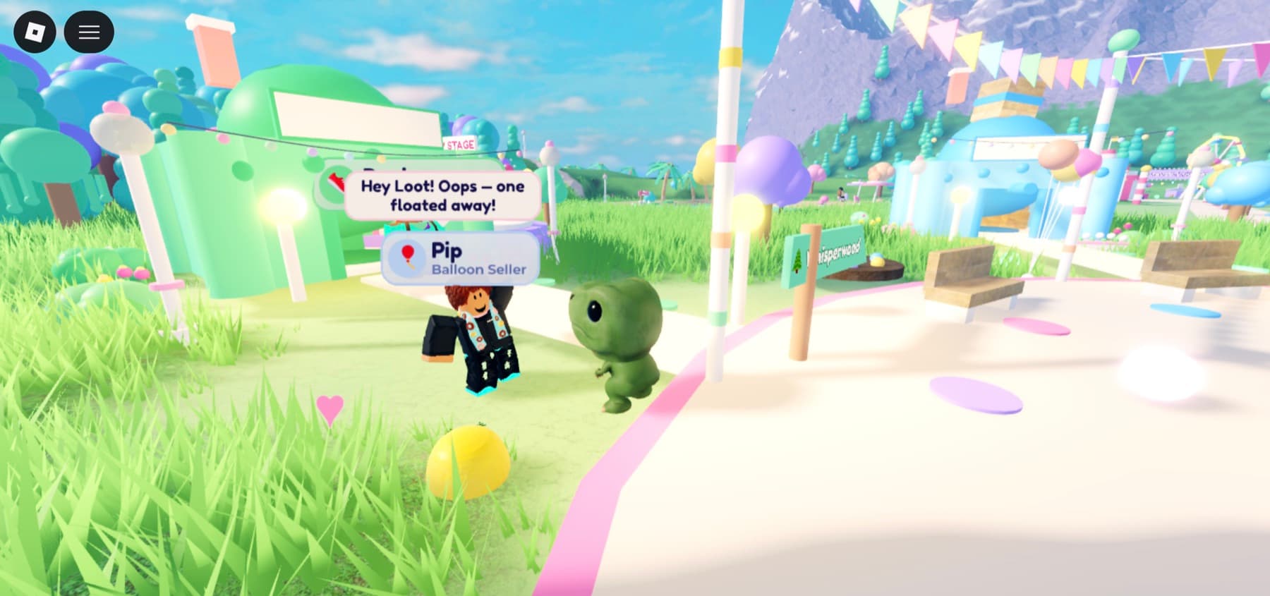 In-game screenshot: Pip the Balloon Seller greets the player with a speech bubble reading 'Hey Loot! Oops — one floated away!' while a green snucci pet waits beside them on the festival plaza