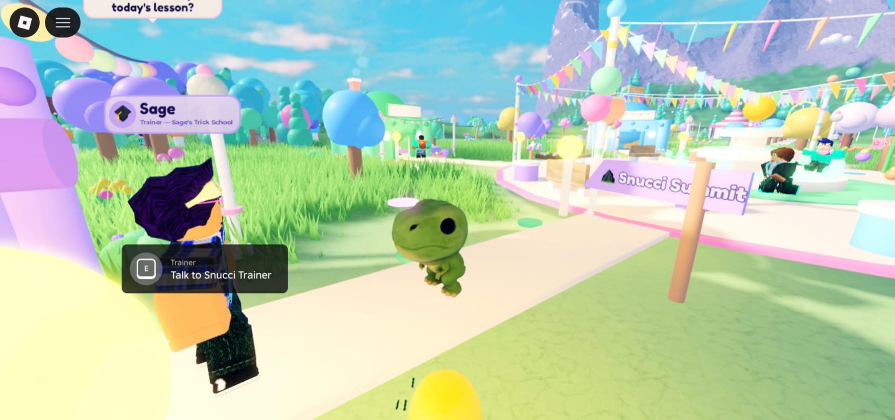In-game screenshot: Sage the Trainer asks about today's lesson next to a green snucci pet, with festival bunting and a Snucci Summit signpost behind