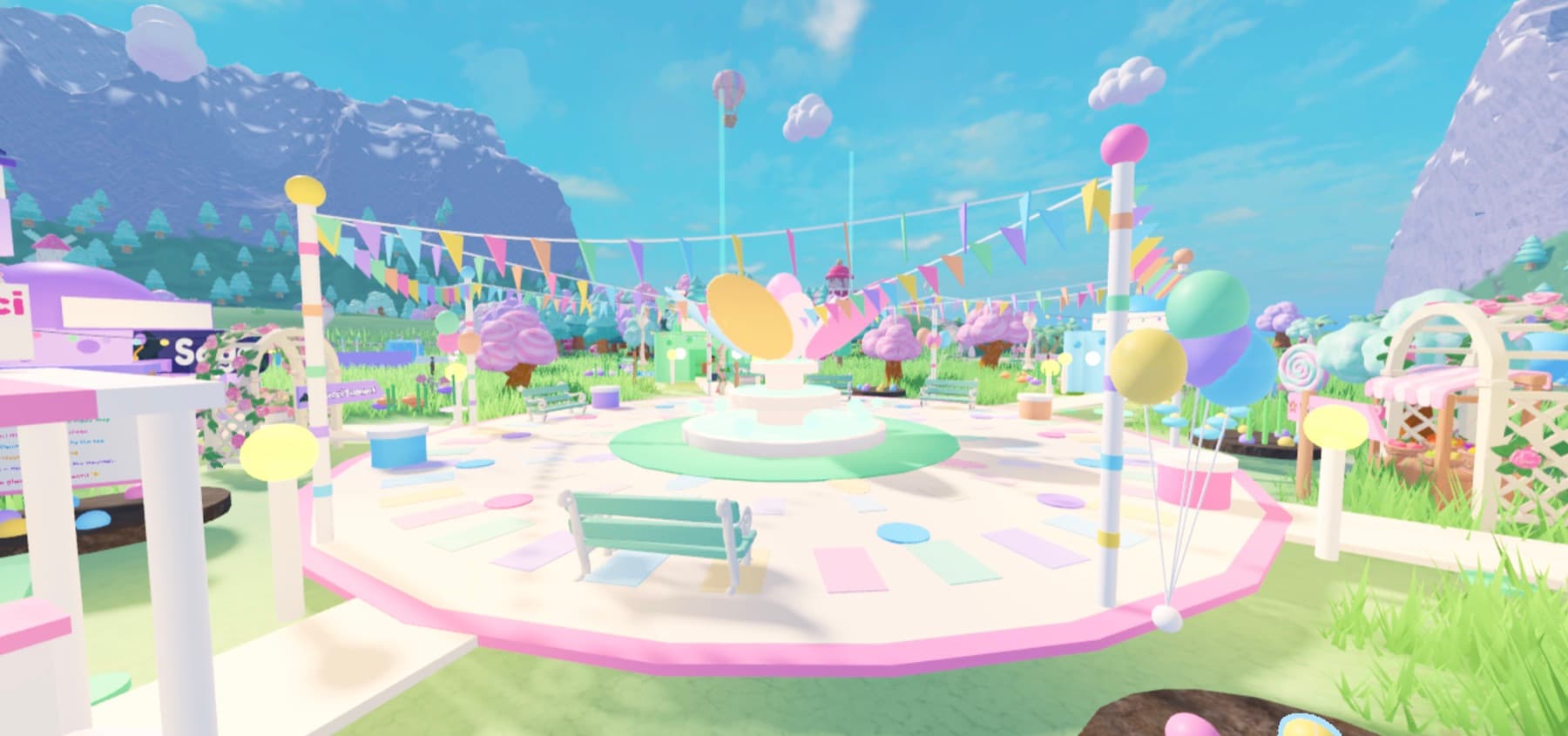 Town Plaza by day: a pastel festival plaza with a fountain, rainbow bunting strung between striped poles and balloon bunches, lavender mountains behind